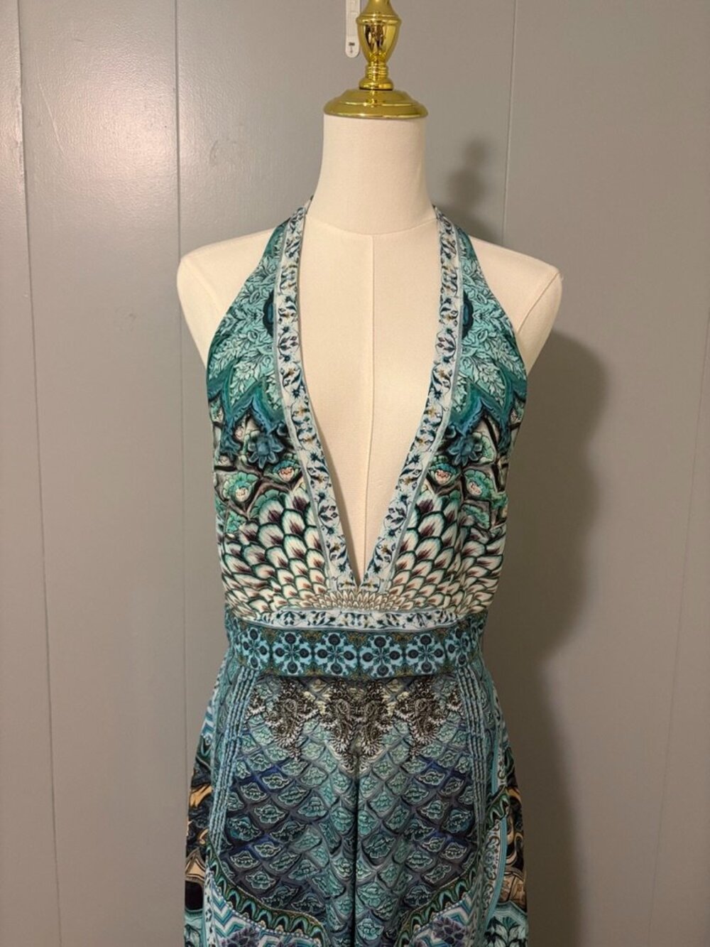 CAMILLA Turn on the Charm Blue Silk Tie Neck Halter Wide Leg Jumpsuit Crystal XS - Picture 3 of 16